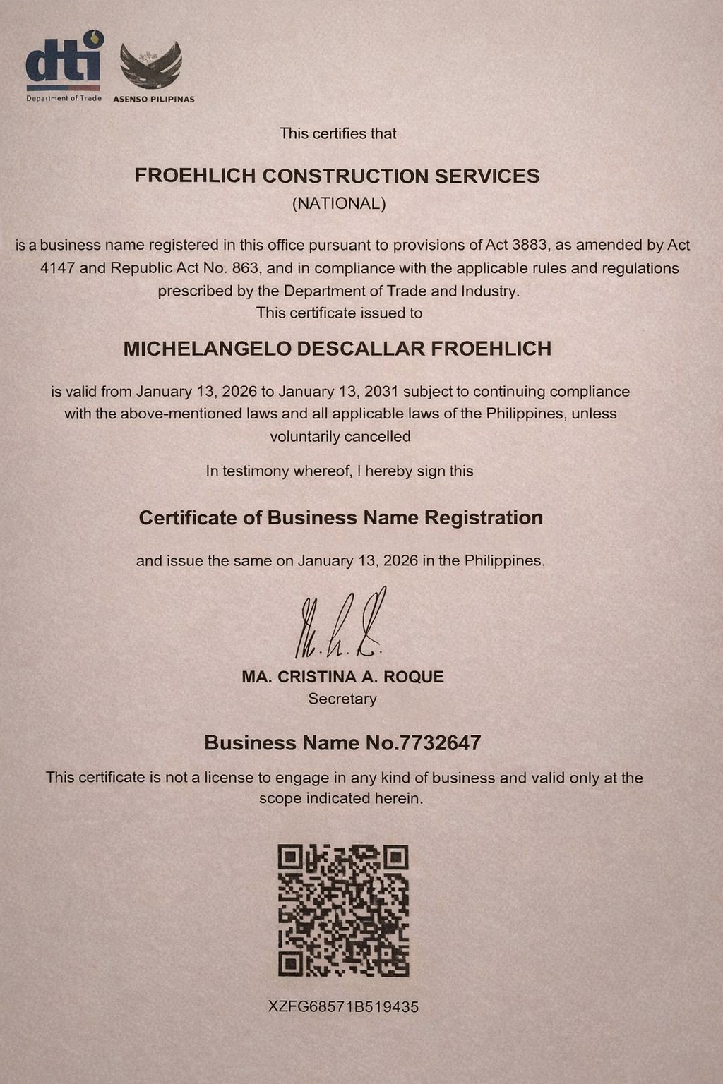 Froehlich Construction Services — Official DTI (Department of Trade and Industry) Business Registration Certificate, Philippines